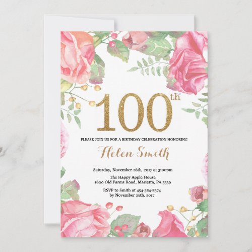 Floral 100th Birthday Invitation Gold Glitter