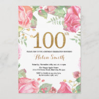 Floral 100th Birthday Invitation Gold Glitter
