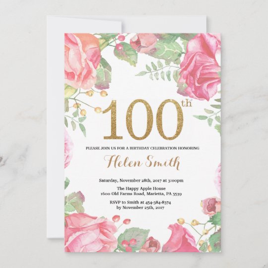 floral-100th-birthday-invitation-gold-glitter-zazzle