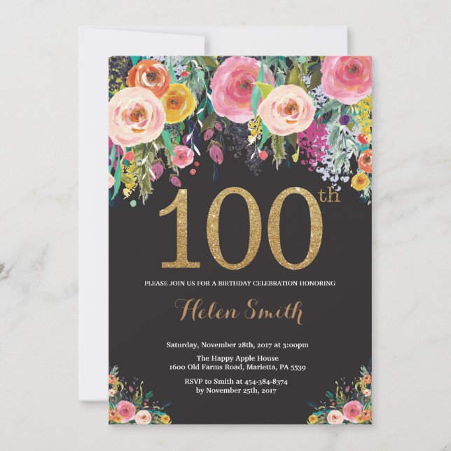 Floral 100th Birthday Invitation Gold Glitter (Front)