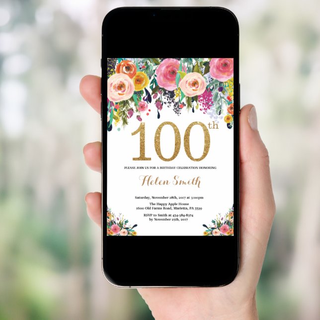 Floral 100th Birthday Invitation Gold Glitter (Front Digital)