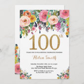 Floral 100th Birthday Invitation Gold Glitter (Front/Back)