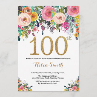 Floral 100th Birthday Invitation Gold Glitter