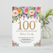 Floral 100th Birthday Invitation Gold Glitter (Standing Front)