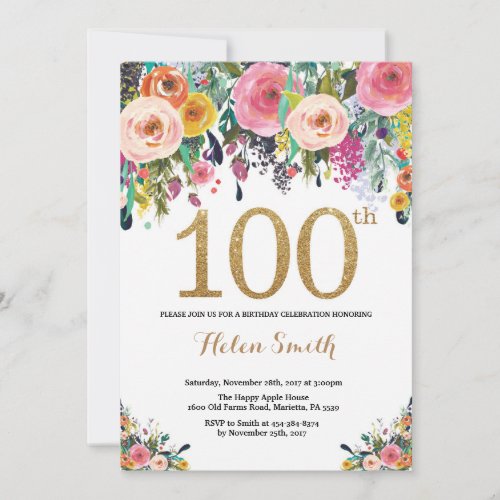 Floral 100th Birthday Invitation Gold Glitter