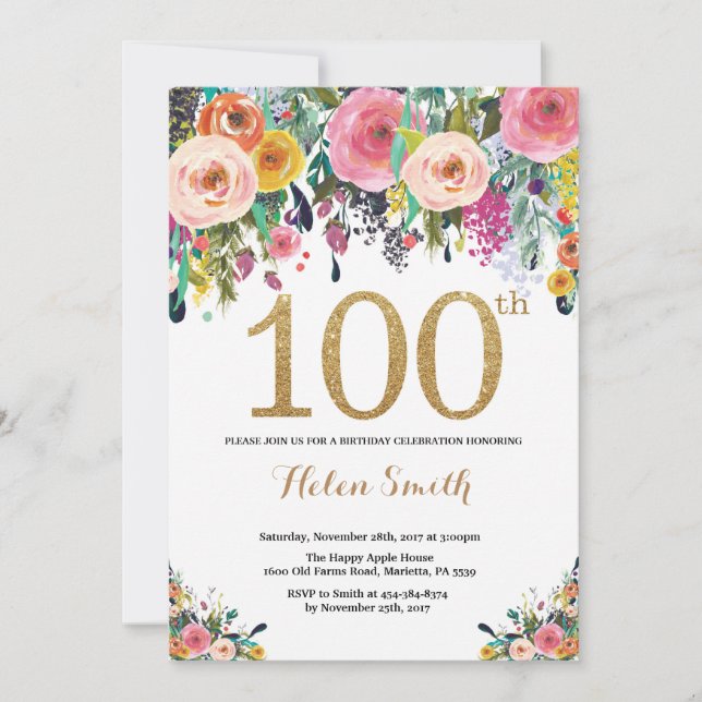 Floral 100th Birthday Invitation Gold Glitter (Front)