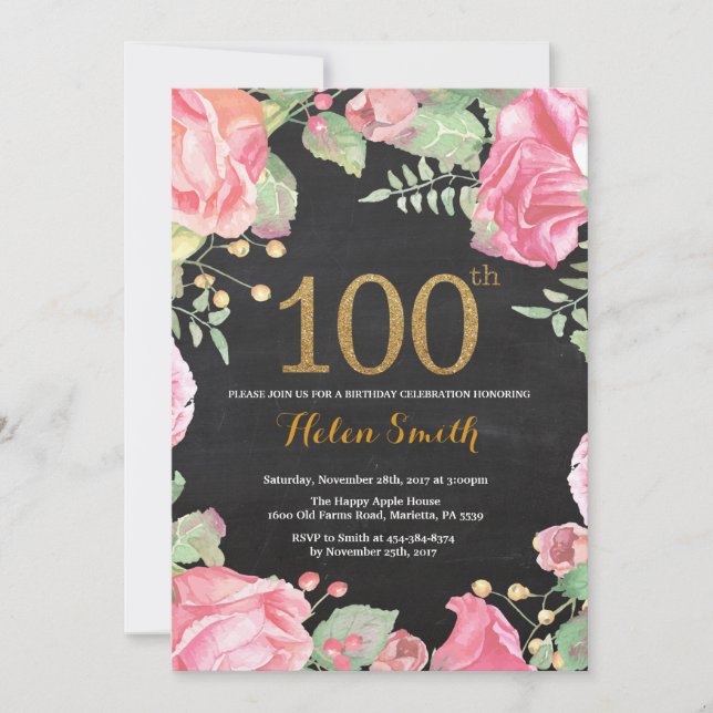 Floral 100th Birthday Invitation Gold Glitter (Front)