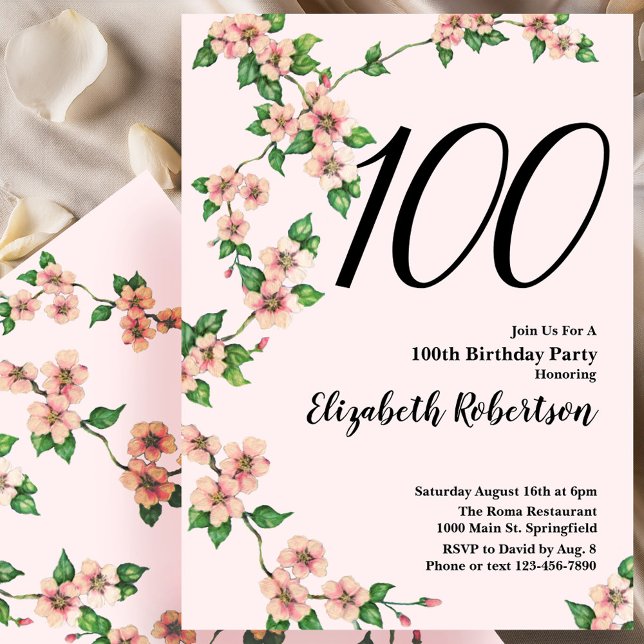 Floral 100th Birthday Invitation in Blush Pink (Creator Uploaded)