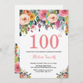 Floral 100th Birthday Invitation Pink (Front/Back)