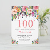 Floral 100th Birthday Invitation Pink (Standing Front)