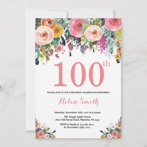 Floral 100th Birthday Invitation Pink