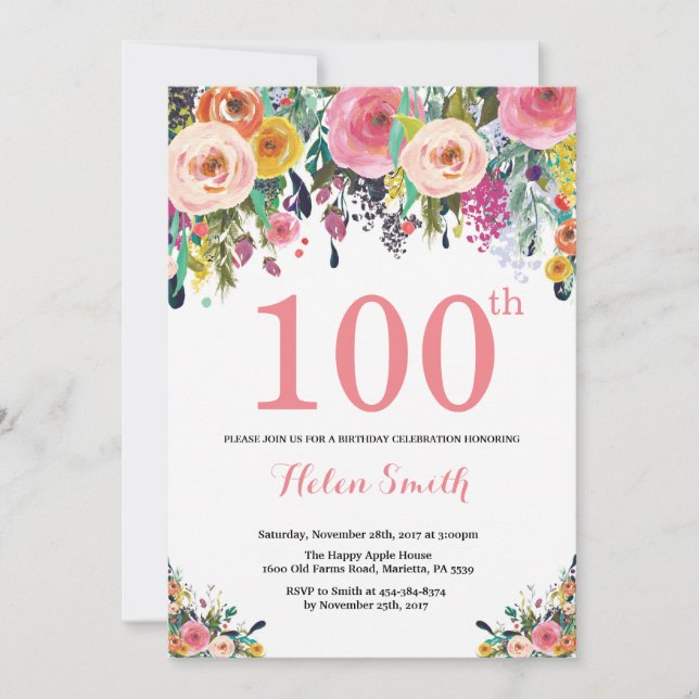 Floral 100th Birthday Invitation Pink (Front)