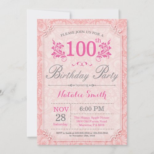 Floral 100th Birthday Invitation Pink for Women
