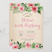 Floral 100th Birthday Invitation Pink Watercolor (Front/Back)