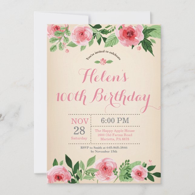 Floral 100th Birthday Invitation Pink Watercolor (Front)