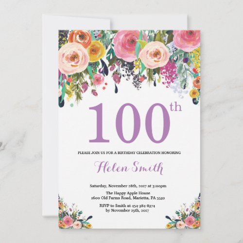 Floral 100th Birthday Invitation Purple