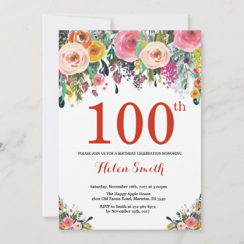 Floral 100th Birthday Invitation Red