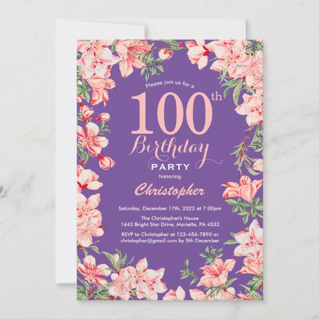 Floral 100th Birthday Pink Flowers Purple Violet Invitation (Front)