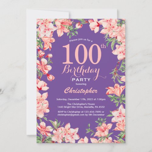 Floral 100th Birthday Pink Flowers Purple Violet Invitation