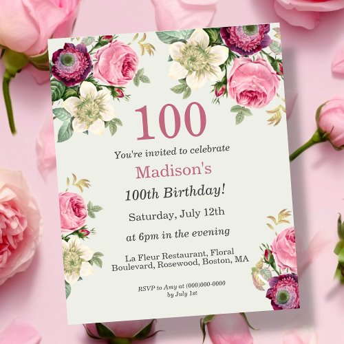 Floral 100th Budget Birthday Invitation