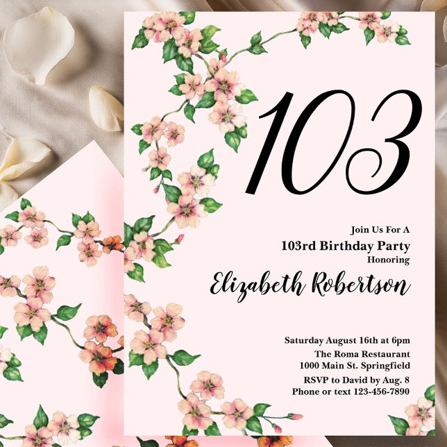 Floral 103rd Birthday Invitation in Blush Pink (Creator Uploaded)