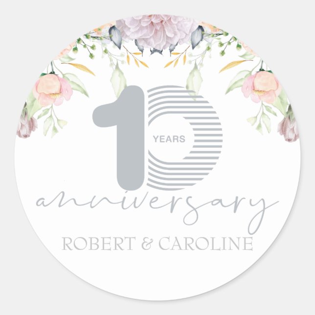 Floral 10th Wedding Anniversary Personalized Classic Round Sticker (Front)