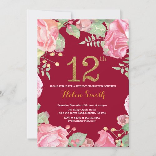 Floral 12th Birthday Gold Glitter Burgundy Red Invitation