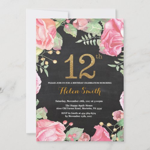 Floral 12th Birthday Invitation Gold Glitter