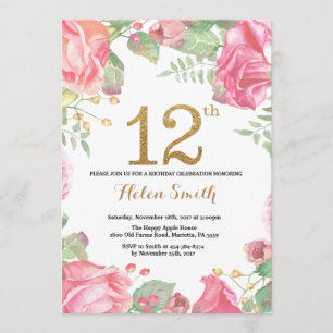 Floral 12th Birthday Invitation Gold Glitter