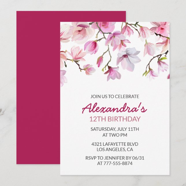 Floral 12th birthday invitation Watercolor Pink (Front/Back)