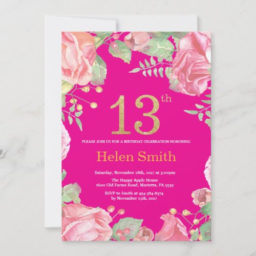 Floral 13th Birthday Gold Glitter and Hot Pink Invitation