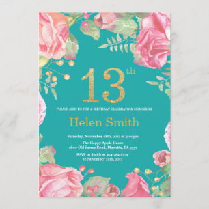 Floral 13th Birthday Gold Glitter and Teal Invitation