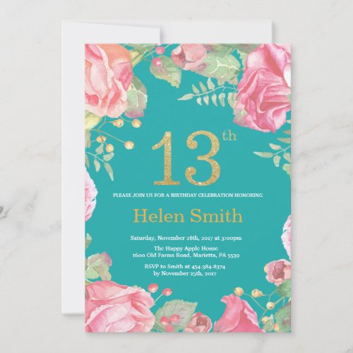 Floral 13th Birthday Gold Glitter and Teal Invitation