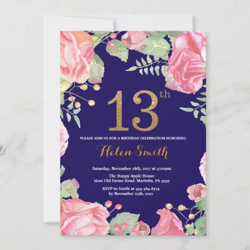 Floral 13th Birthday Gold Glitter Navy Blue Invitation