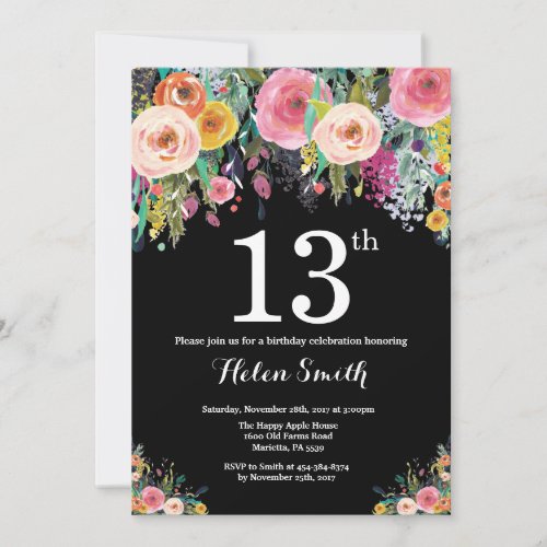 Floral 13th Birthday Invitation