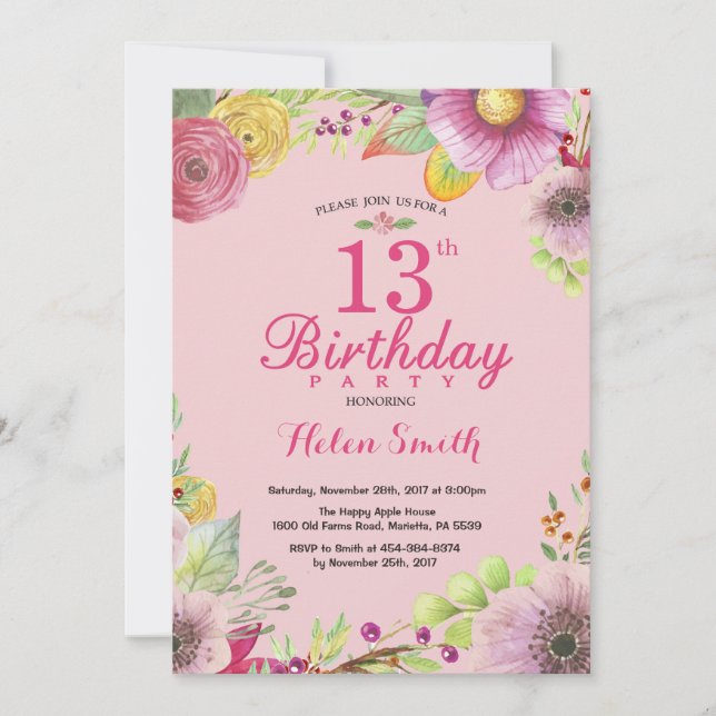 Floral 13th Birthday Invitation for Women Pink (Front)