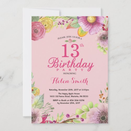 Floral 13th Birthday Invitation for Women Pink