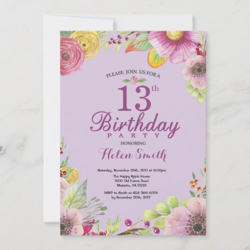 Floral 13th Birthday Invitation for Women Purple