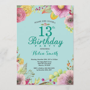 Floral 13th Birthday Invitation for Women Teal