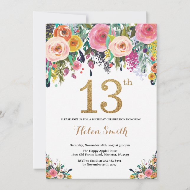 Floral 13th Birthday Invitation Gold Glitter (Front)