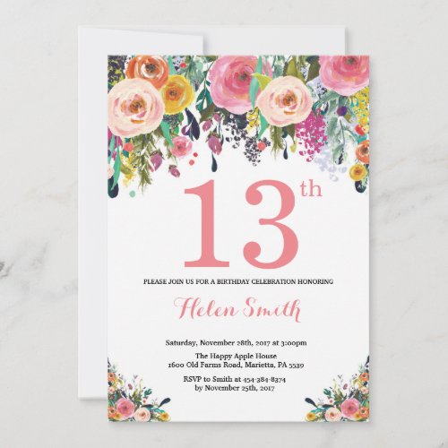 Floral 13th Birthday Invitation Pink