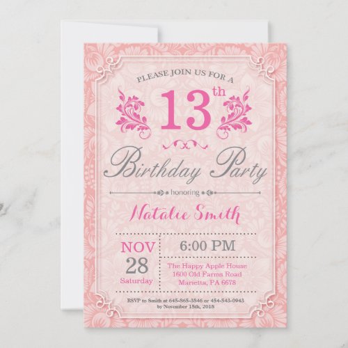 Floral 13th Birthday Invitation Pink for Women