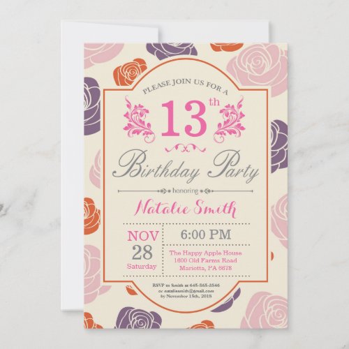 Floral 13th Birthday Invitation Pink Roses