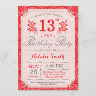 Floral 13th Birthday Invitation Red for Women