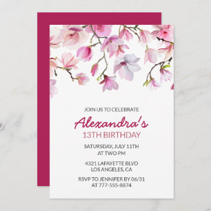 Floral 13th birthday invitation Watercolor Pink