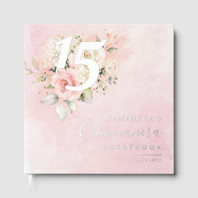 Floral 15 Birthday Party Silver Foil Script Foil Guest Book (Front)