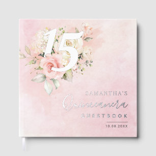 Floral 15 Birthday Party Silver Foil Script Guest Book