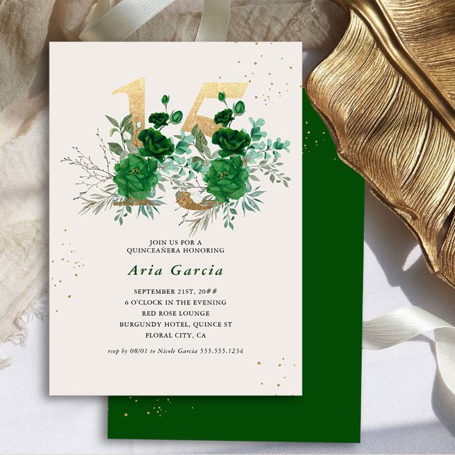 Floral 15 Emerald Green Cream and Gold Quinceanera Invitation (15th Birthday Invitation from the Royal Rose Emerald Green Quinceanera Collection by Darling & May)