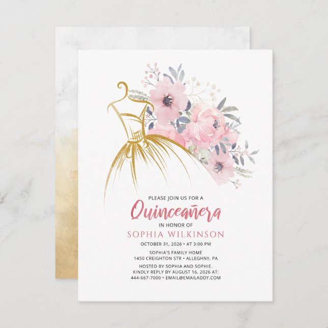 Floral 15th Birthday Faux Gold Dress Modern (Front/Back)