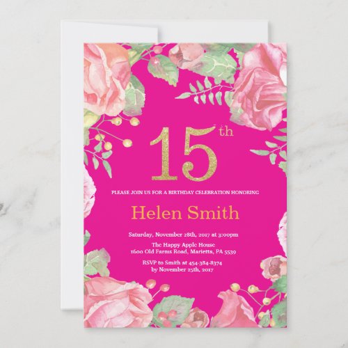 Floral 15th Birthday Gold Glitter and Hot Pink Invitation